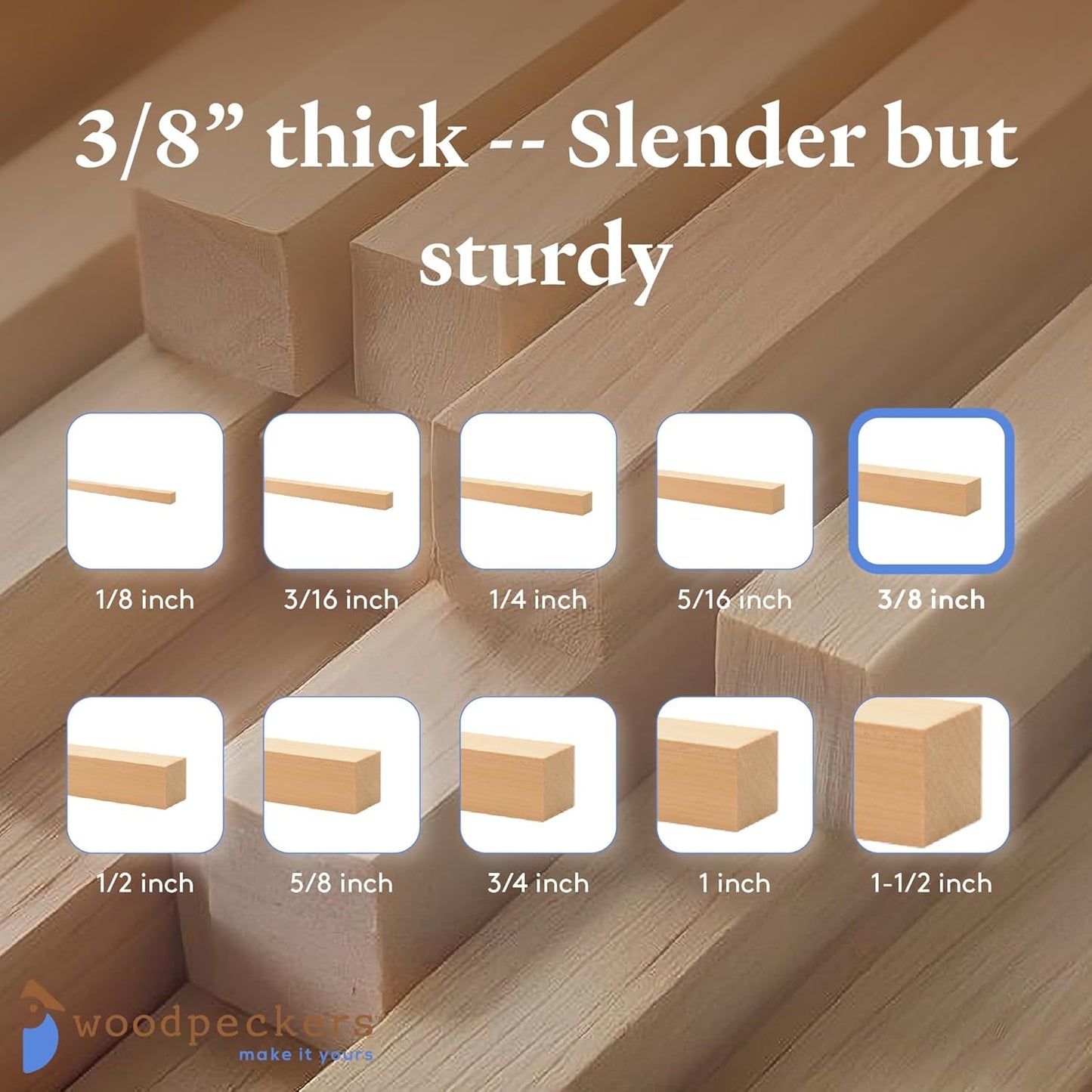 Wood Square Dowel Rods 3/8-inch x 48 Pack of 50 Wooden Craft Sticks for Crafts and Woodworking by Woodpeckers