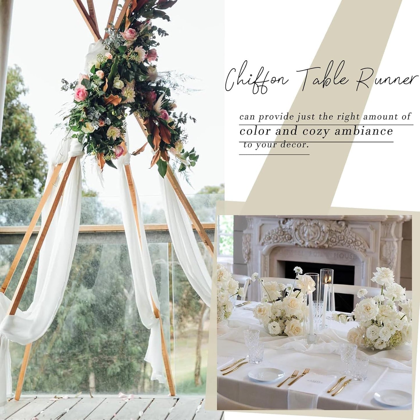 Snow White Chiffon Table Runners 10 FT Chiffon Cloth Runner for Wedding Party 12 x 120 Inches Sheer Boho Rustic Gauze Home Decor Restaurant Elegant Fabric Tabletop Runner Decorations
