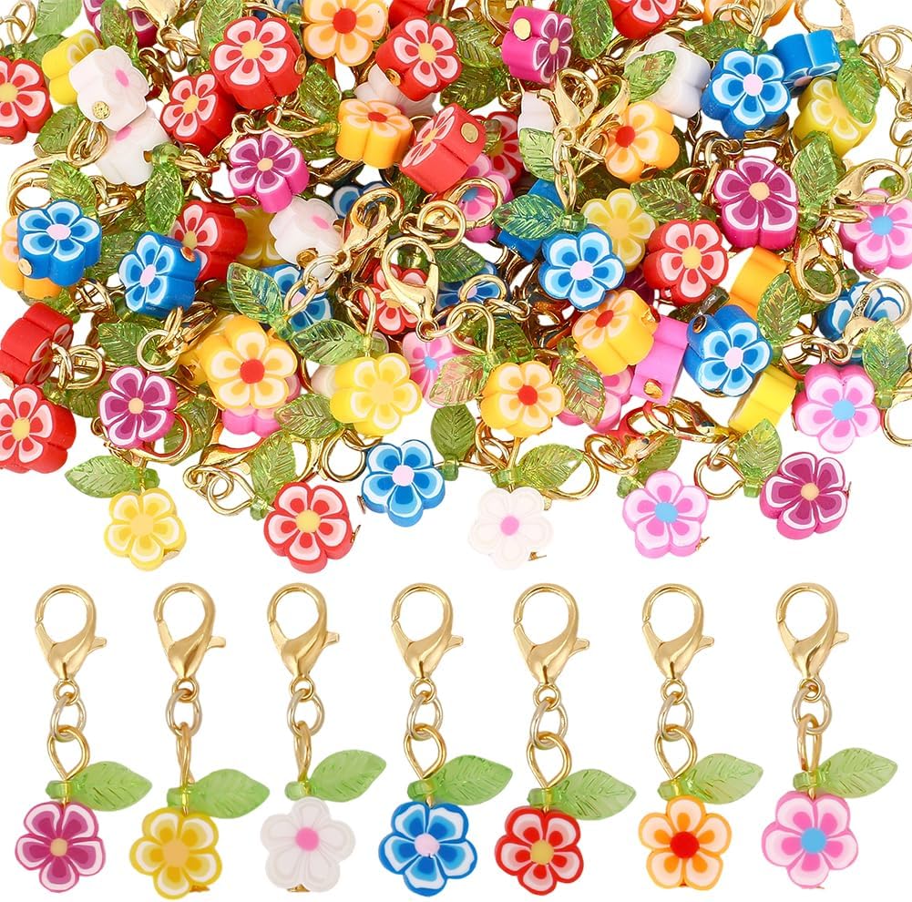 80Pcs Flower Stitch Markers Charms Handmade Polymer Clay Pendant Decorations Alloy Lobster Claw Clasps Charms Knitting Crochet Notions Clip On for Weaving Sewing Bag Ornaments