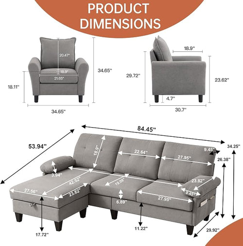 2PCS Sectional Sofa Set with Ottoman, Modern Linen 4 Seater Couch Set with Side - Image 2