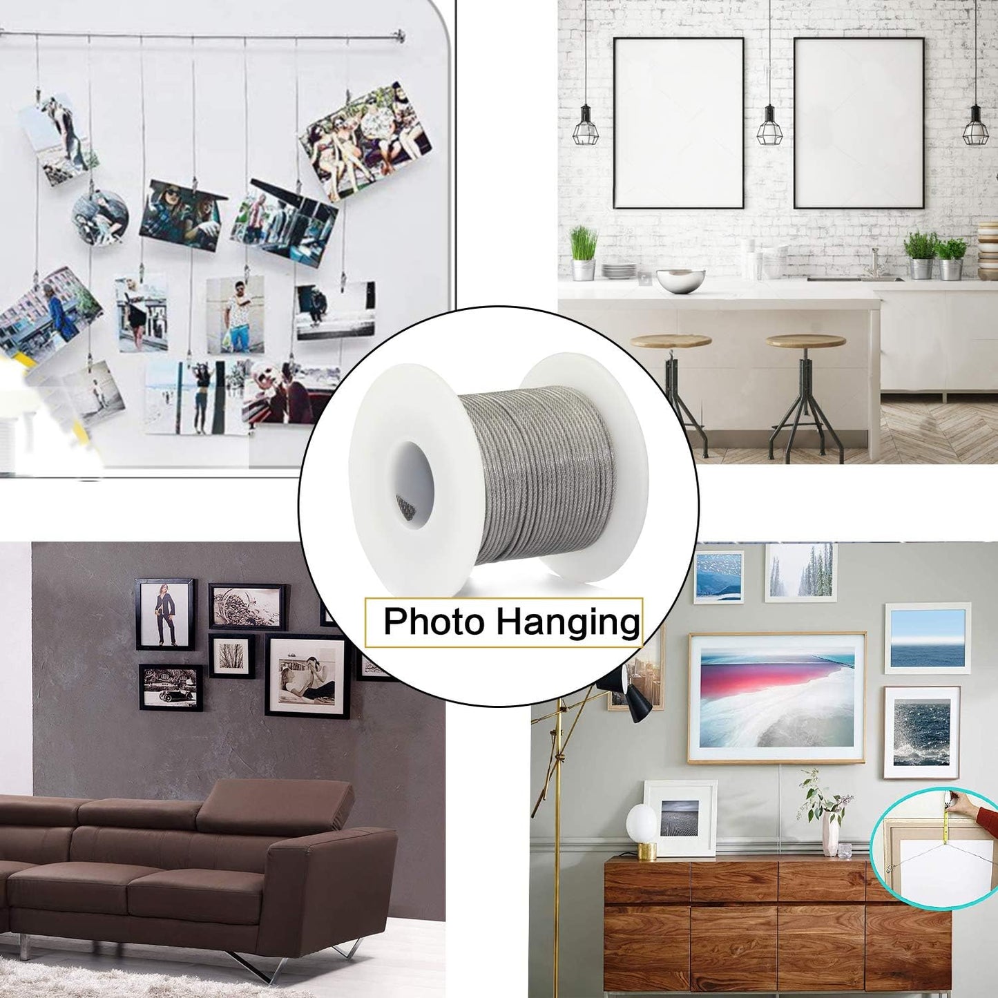Picture Hanging Wire, Plastic-Coated Stainless Steel Wire with 50pcs Aluminum Crimping Loop Sleeve for Hanging Photo Frame Artwork Mirror Bird Feeder String Light Plant Climbing (1.5mm x 98Feet)