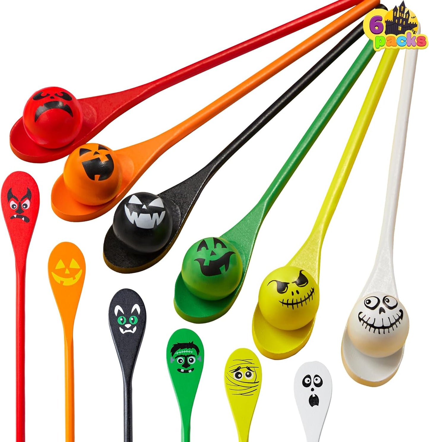 JOYIN 6 Pcs Halloween Egg and Spoon Race Game Set; Eyeballs and Spoons with Assorted Colors for Kids Adults Halloween Outdoor Fun Games, Party Favor Supplies, Classroom Activities