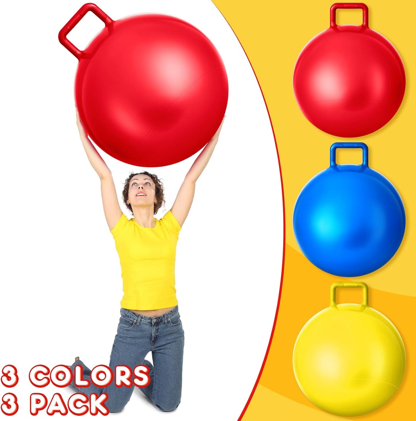Lewtemi 3 Pcs 18 Inch Bouncing Ball with Handle, Outdoors Hopper Jumping Hopping Ball and Air Pump for Sports Exercise (Red, Blue, Yellow)