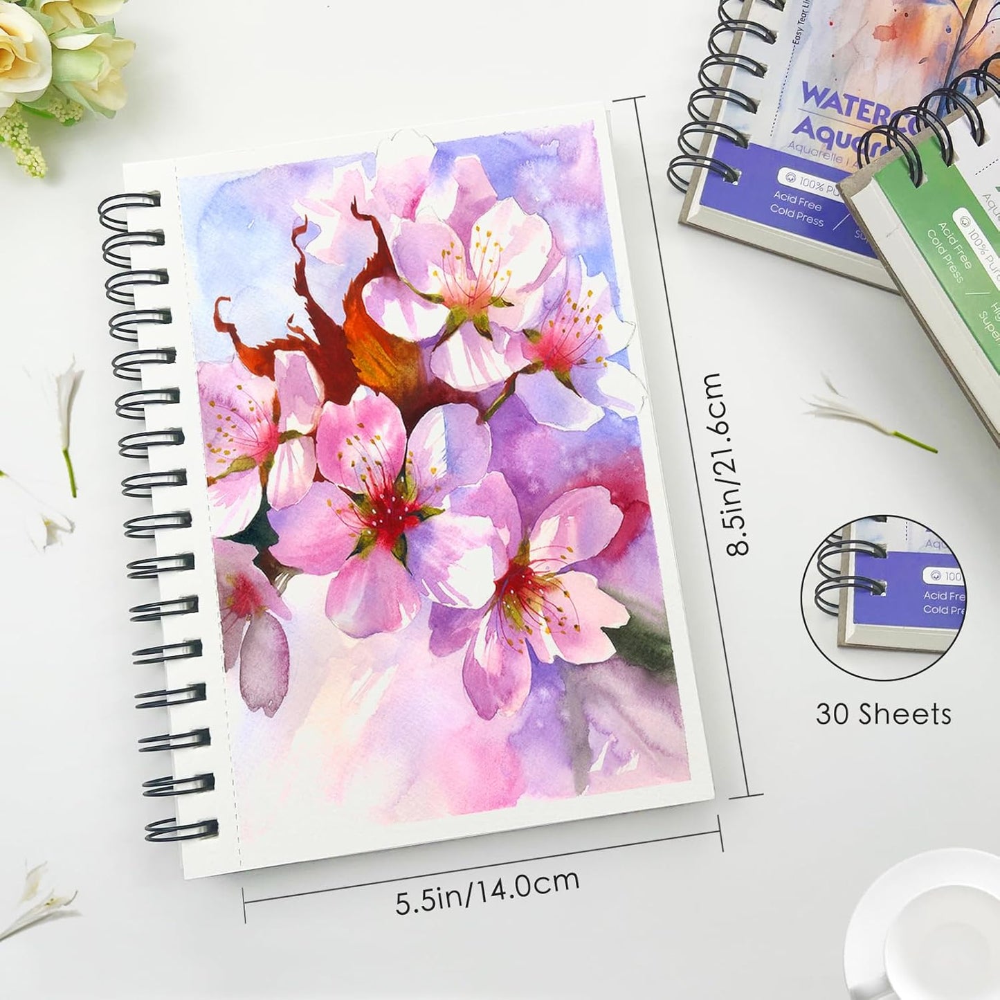 KOVIEDE 100% Cotton Watercolor Paper Pad - 30 Sheets 5.5"x8.5" Spiral Bound, 140lb/300gsm Cold Press Watercolor Sketchbook, Artist Quality Art Journal Supplies for Adults, Kids & Beginners, Green