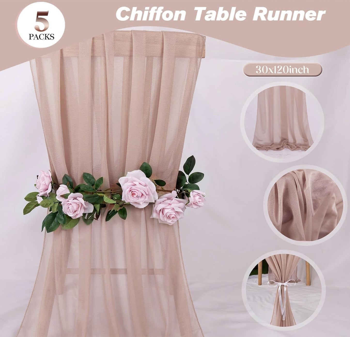 5 Packs Champagne Chiffon Table Runner 30 x 120 Inches Sheer Table Runner 10ft Romantic Chiffon Table Runner for Wedding Decor Birthday Party Bridal Baby Shower Decoration