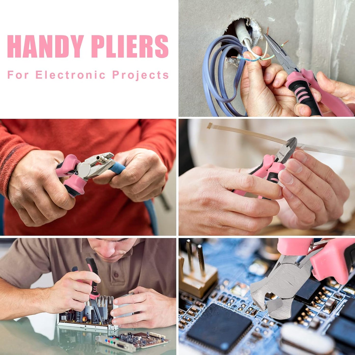 COMOWARE 6-Piece Mini Pliers Set, Needle Nose, Long Nose, Bent Nose, Diagonal, End Cutting and Linesman, for Crafts Work, Electronic Repair, with Pink Pouch