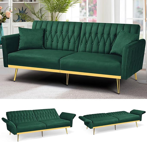 70” Velvet Futon Sofa Bed w/Adjustable Backrests and Armrests, Convertible by ACMEASE