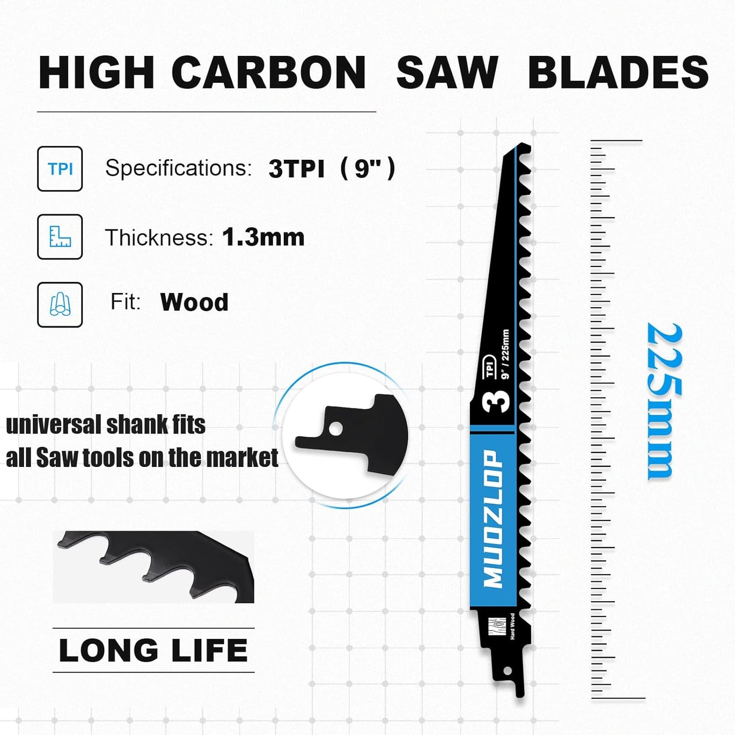 1 Pack 9 inch Reciprocating Saw Blades Set，3 TPI High Carbon Saw Blades for Wood Cutting ，Saw Blades with Organizer Case (1, 3T/9inch)