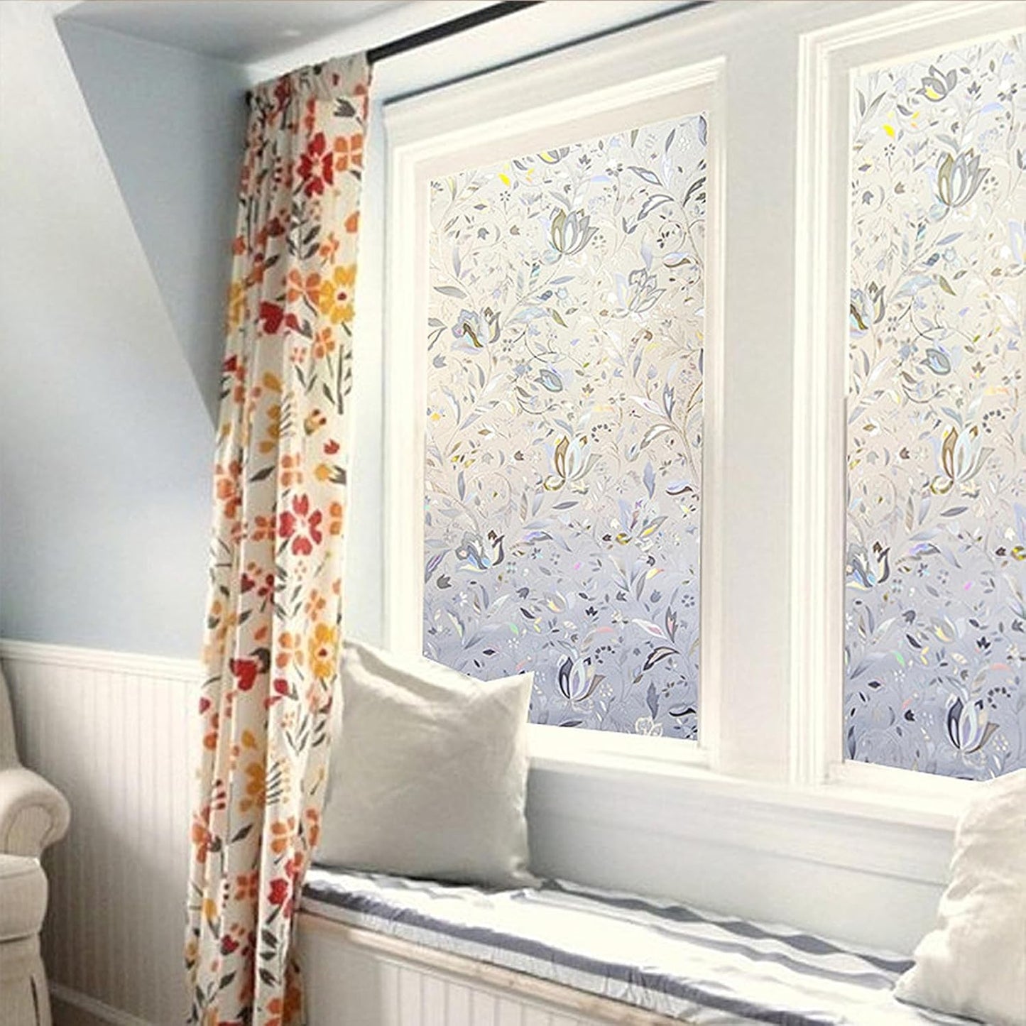 LEMON CLOUD Window Film, Decorative Window Privacy Film, 3D Stained Glass Window Sticker,Anti-UV Sun Blocker Heat Control for Home(Rainbow Tulip Design,11.8 x 78.7 inches)