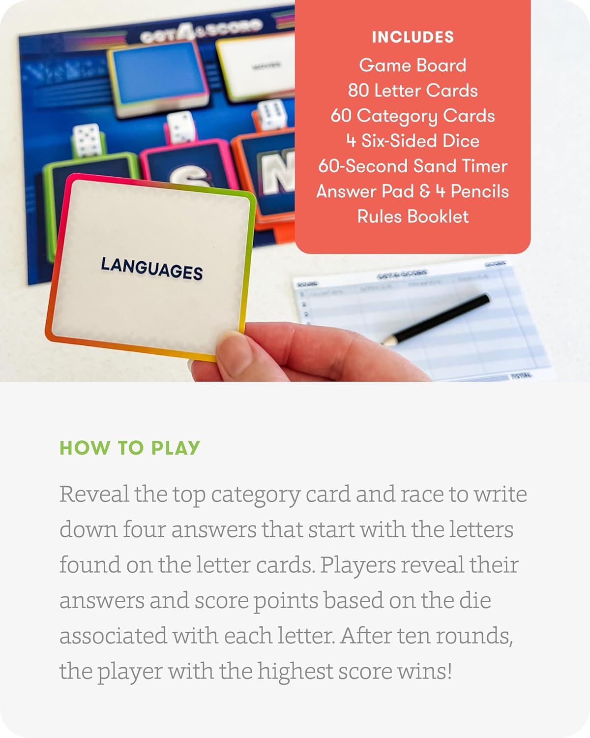 SimplyFun Get 4 and Score - A Communication Game for Kids That Tests Your Memory and Vocabulary Skills! - Educational Learning Game - 2 to 8 Players - for Kids Ages 8 & Up