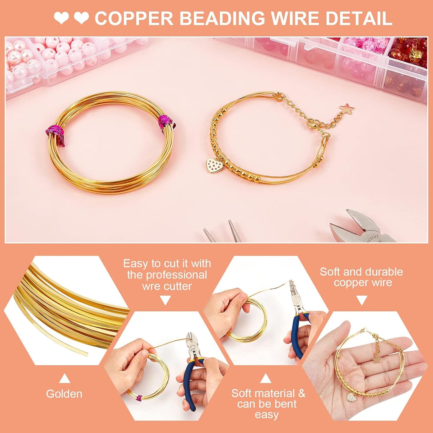 BENECREAT 20 Gauge 16 Feet Square Copper Wire, Golden Brass Wire for Jewelry Beading Craft Work