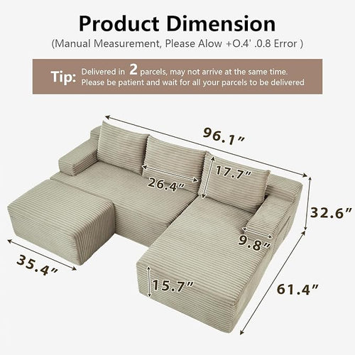 96" Cloud Sectional Couch U-Shaped Chaise - Image 2