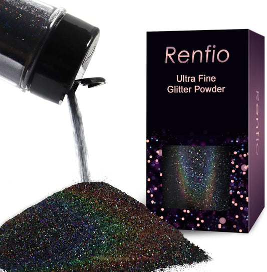 Renfio Holographic Ultra Fine Glitter Powder Metallic Resin Glitter 2.11 Oz (60g) PET Flakes Crafts Sequins 1/128" 0.008" 0.2mm Epoxy Chips Flakes for Tumblers Slime Olympic Decorations - Laser Black
