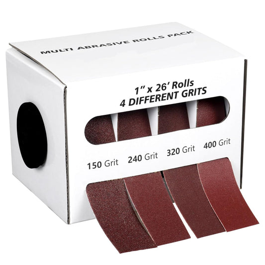 Emery Cloth Roll,4 Grits 1'' x 26FT Abrasive Sandpaper Roll with Dispenser,150 240 320 400 Grit Sand Assortment,Sanding Paper & Sand Paper Sheets for Metal Auto Wood Dry & Wet Polishing.(4Rolls 26FT)