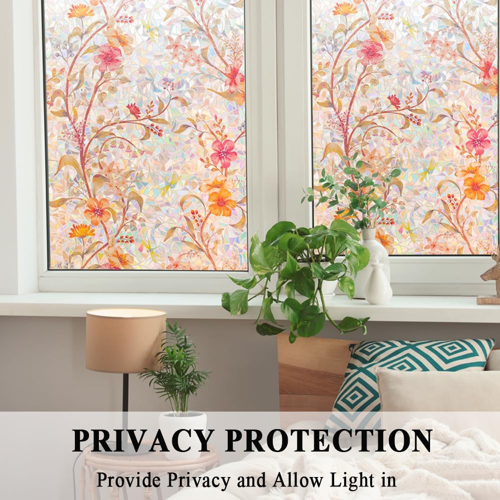 Stained Glass Window Film Static Cling Door Privacy Film Decorative Flowers Red Leaves Window Decals Stickers Heat Control Anti UV for Home and Office,23.6 inches by 118 inches