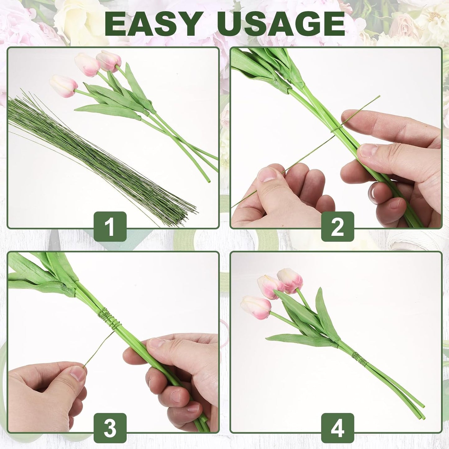 PATIKIL 32 Inch 22 Gauge Floral Stem Wire, 4 Pack/160 Pieces Bouquet Stem Paper Wrapped for DIY Crafts Flower Arrangements, Silver Tone
