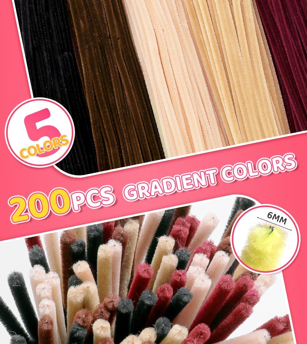 IOOLEEM Brown Pipe Cleaners,200pcs in 5 Colors, Chenille Stems for Art and Craft Projects, Flower DIY Decorations