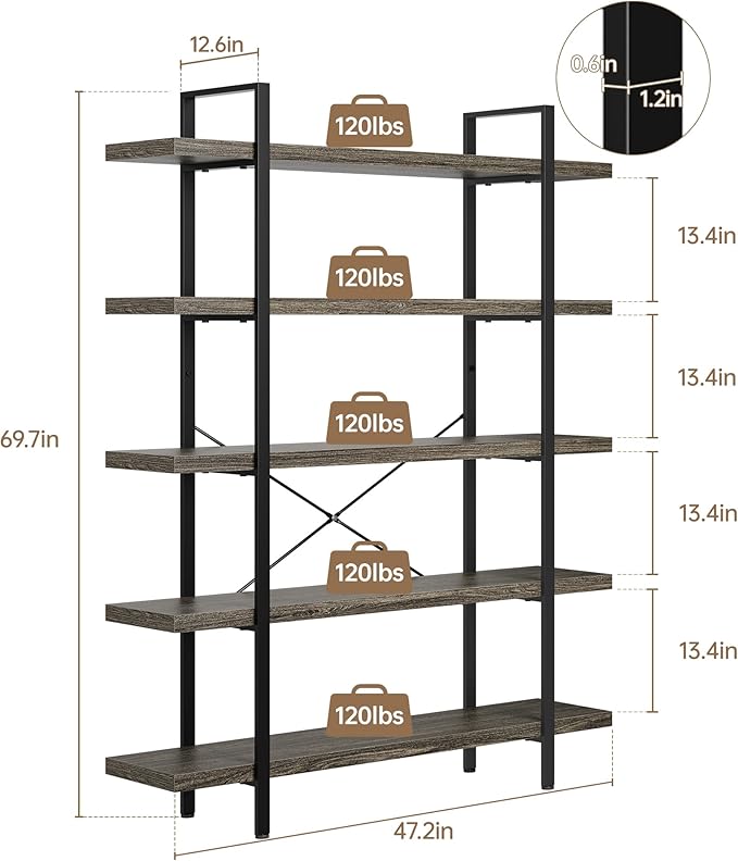 OtterOasis Heavy Duty 5-Tier Industrial Bookcase, 120lbs Shelf Capacity - Image 2