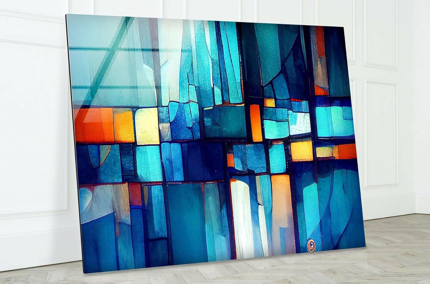 My Photostation.com 30Wx24H'' Blue Vibrant Stained Glass Wall ArtTempered Glass Printing Wall Decor Large Wall Art Wall Hangings