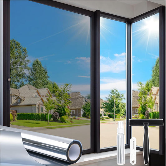 Homein One Way Privacy Window Film with Tool Window Tint for Home See Out Not in Heat Control Sun Blocking Mirror Reflective Anti UV Covering Static Cling No Glue Sliver 35.4 x 157.4 inch