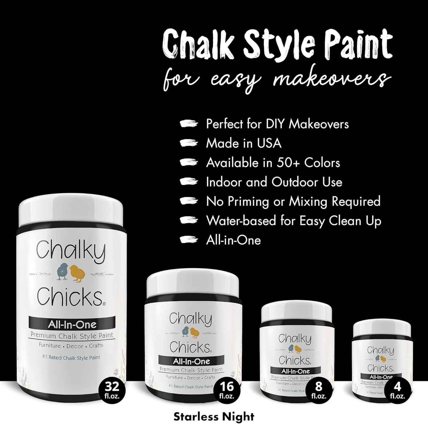 Chalky Chicks All-in-One Chalk Paint for Furniture or Cabinet - 32 Fl Oz - Matte Finish Starless Night Black for Metal, Wood Furniture Paint - No Sanding All-in-One for Home Decor & Crafts, USA Made