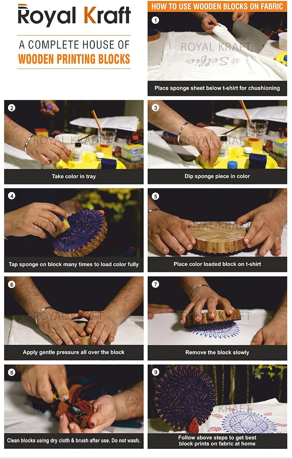 Royal Kraft Wooden Stamps for Block Printing on Saree Border, Textile, Clay, Pottery, Tattoo (Set of 10) MXtag0007