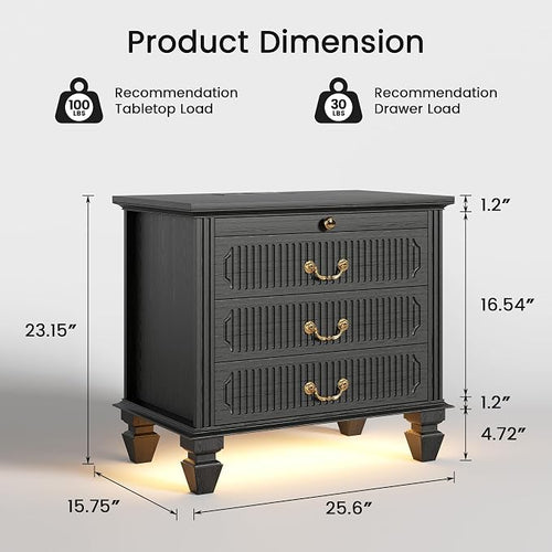 25.6'' Wide Bedside Table with 3 Drawers & Pull-out Tray, Smart Night Stand - Image 2