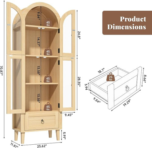 71" Tall Arched Cabinet with Acrylic Door, Modern Curio Arched Bookcase W/Drawer - Image 2