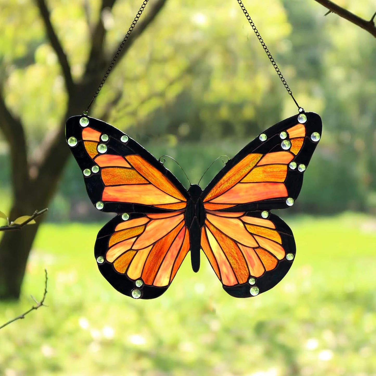 PA0007 Butterfly Stained Glass Hanging Panel 17" Wx12.75 H,Handmade Suncatcher Tiffany Style Window Ornament Home Hanging Decorations