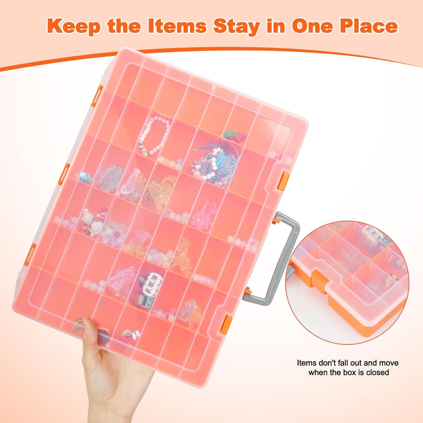 Bluedale 2 Pack 48 Grids Large Plastic Organizer Box with Adjustable Dividers, Beads Storage Containers Compartment Tackle Box Case for Crafts Hobby Small Parts Fishing Seeds Jewelry (Orange)
