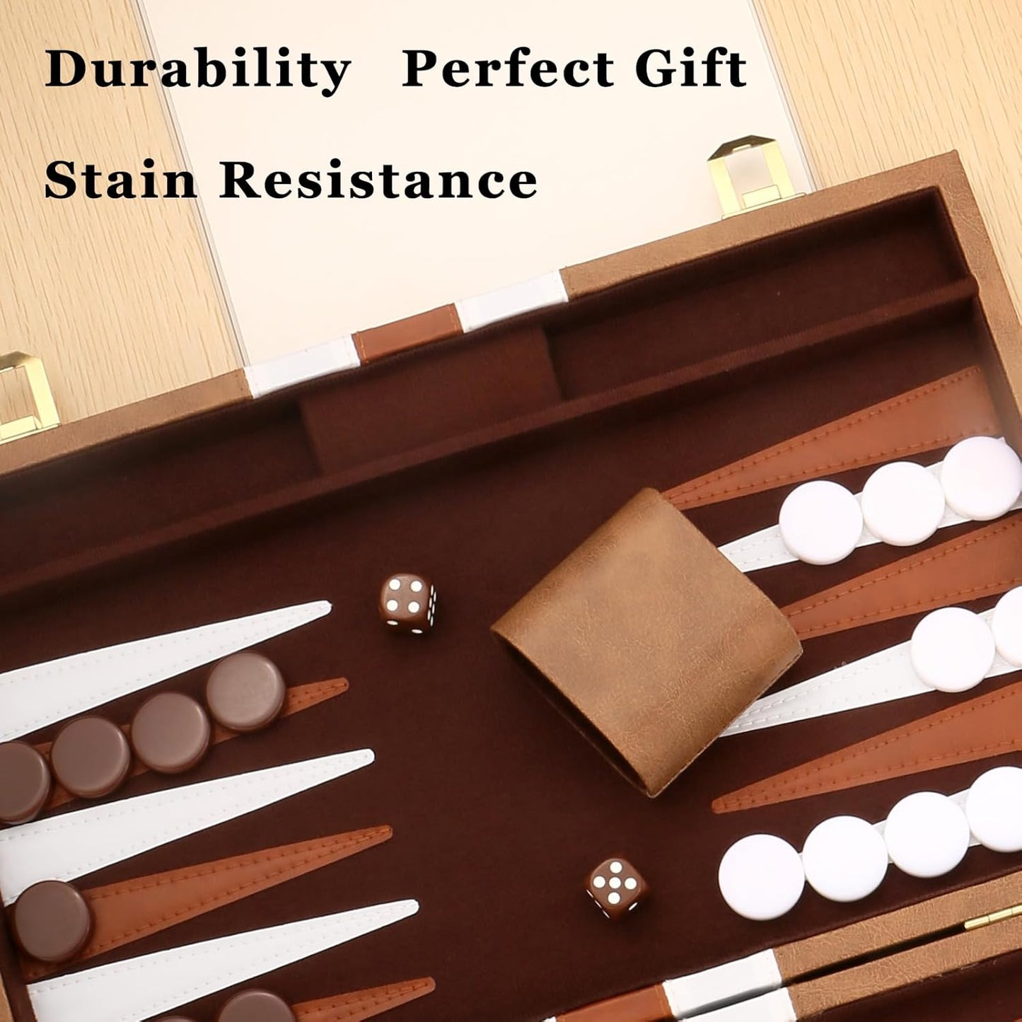 Backgammon Set - Classic Board Game with Premium Leather Case - Portable Travel Strategy Backgammon Game Set for Adults, Kids (15inch, Khaki)