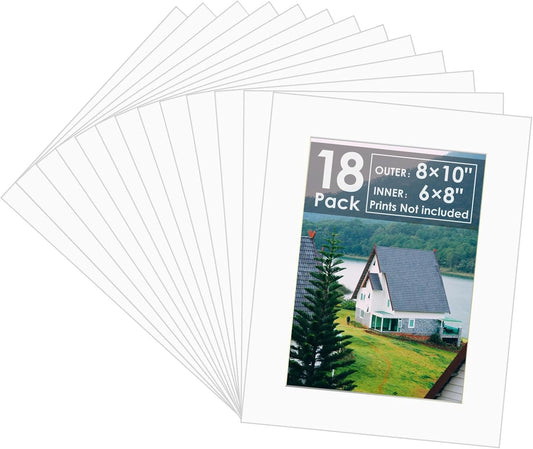18 Pack Picture Mats, 8x10 for 6x8 Picture Frame Mats, Acid Free Core Bevel Cut Picture Frame Mattes for Photos Artworks Prints (White)