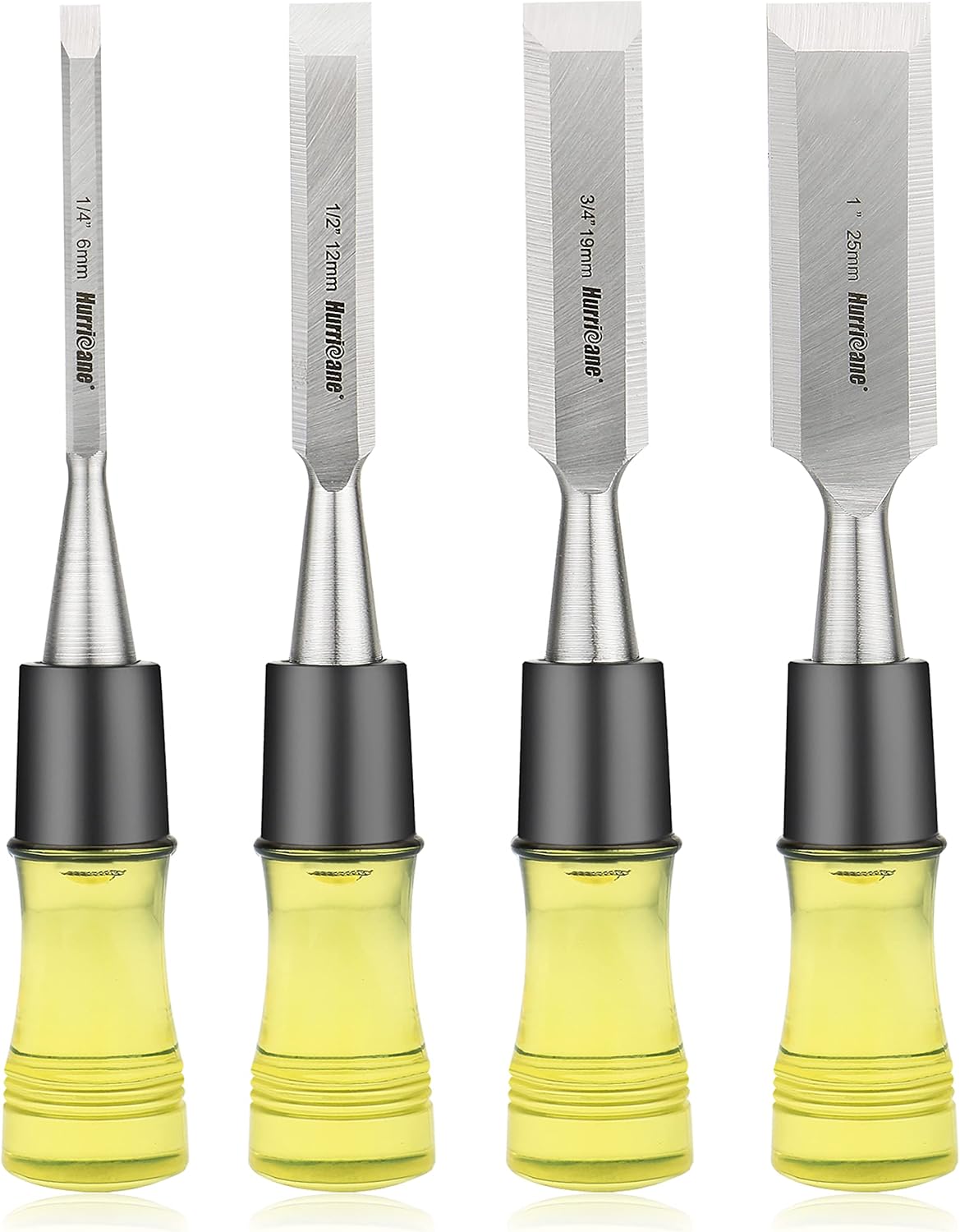 HURRICANE 4 Piece Wood Chisel Set for Woodworking. CR-V Steel Beveled Edge Blades with Safety Caps. Extra Large Grip, Impact-Resistant PVC Handle Chisels (1/4", 1/2", 3/4", 1")