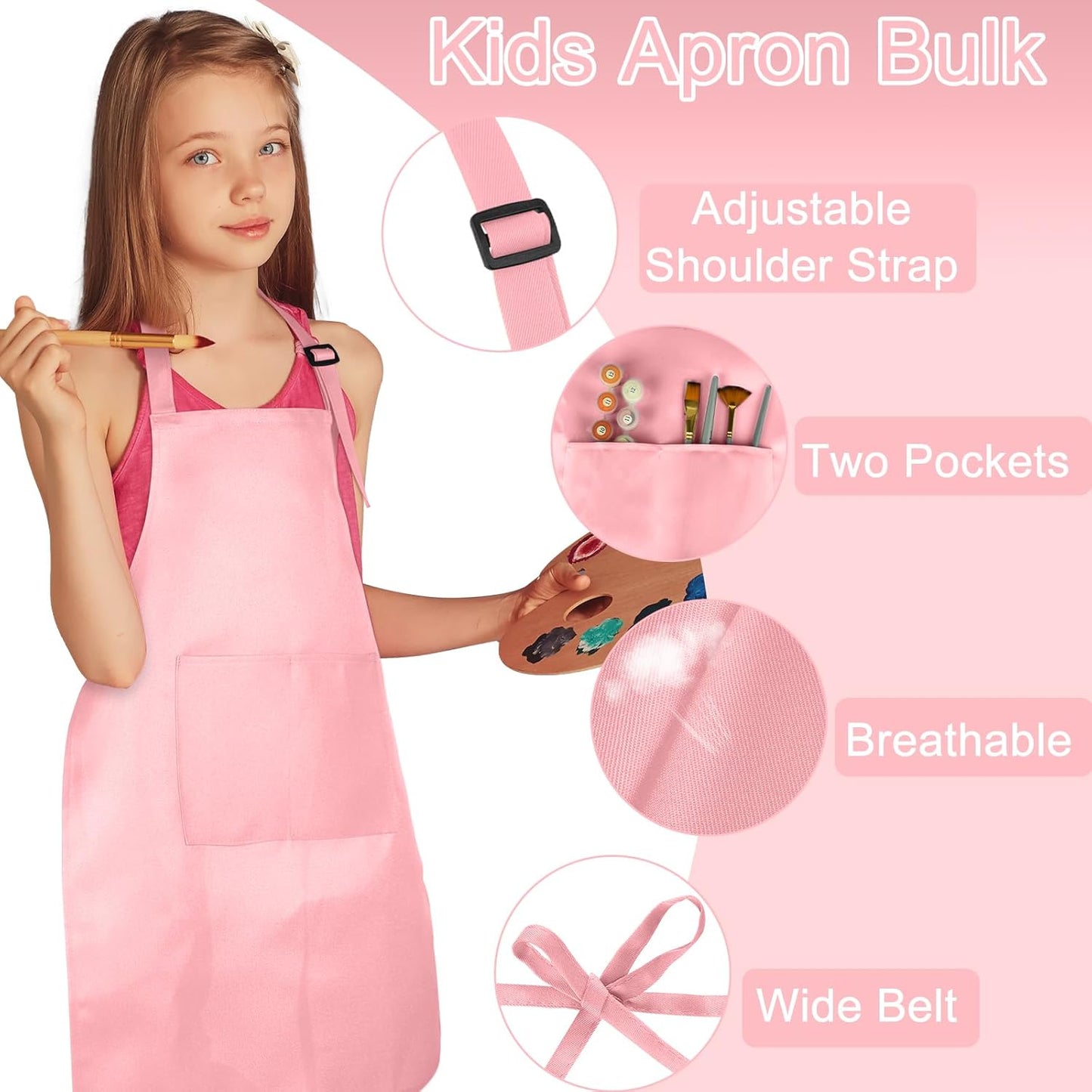 6 Pack Kids Apron Bulk with 2 Pockets Adjustable Chef Art Apron Kids Painting Aprons for Cooking Baking Painting Crafting Grilling Activity（Pink）