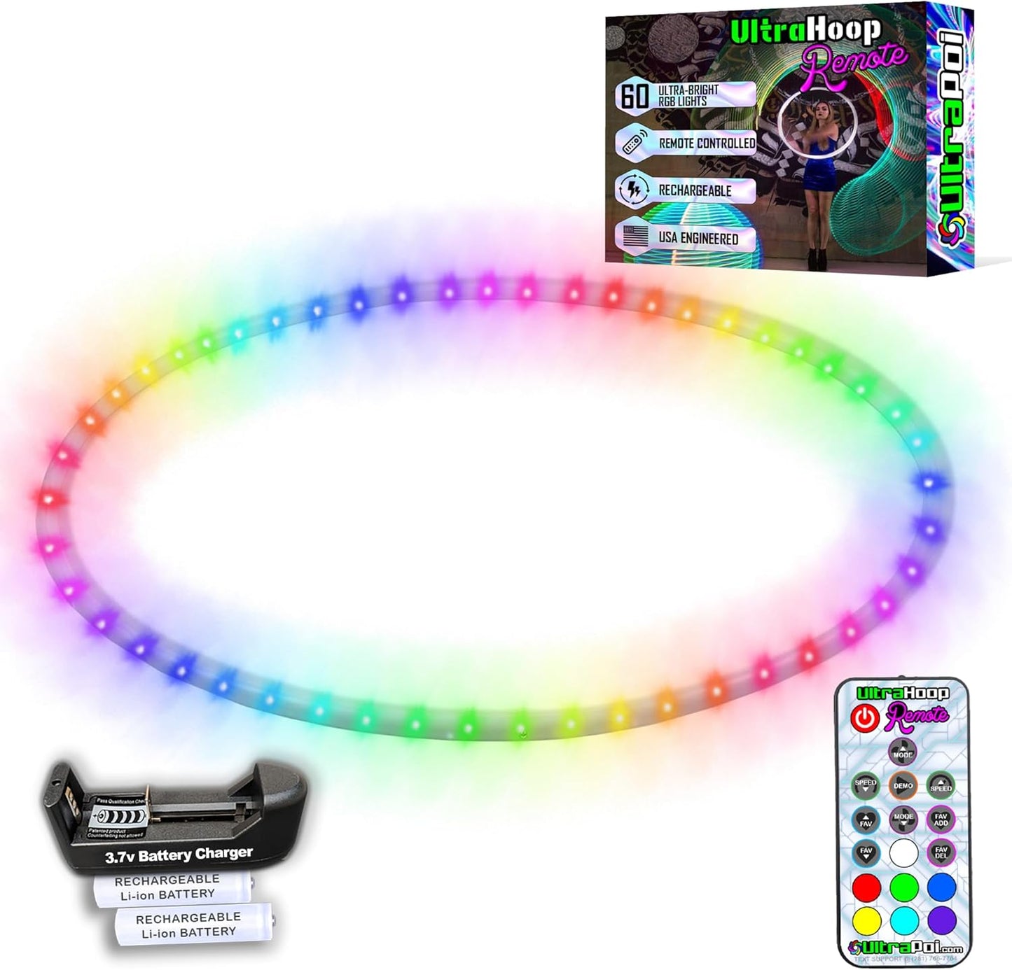 UltraHoop Remote LED Hoop - Wireless Control 60 Color Changing LED Lights w/ 300+ Modes & Patterns - Rechargeable Battery, HDPE Collapsible, Advanced to Beginner Hoola Hoops - 26” x 5/8" OD - UltraPoi