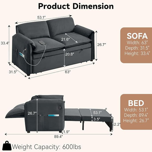 63" Velvet Convertible Sleeper Loveseat Sofa Bed, Pull Out Couch Bed - Image 2