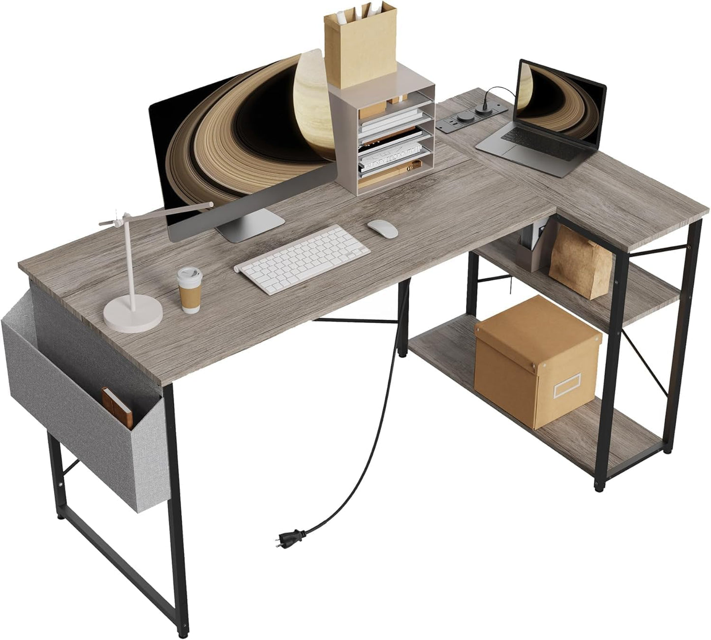 TIQLAB L Shaped Computer Desk with Power Outlets, 55 Inch Small Corner Desk with Reversible Shelves, Gaming Desk Computer Table Study Writing Desk for Home Office Small Space, Gray