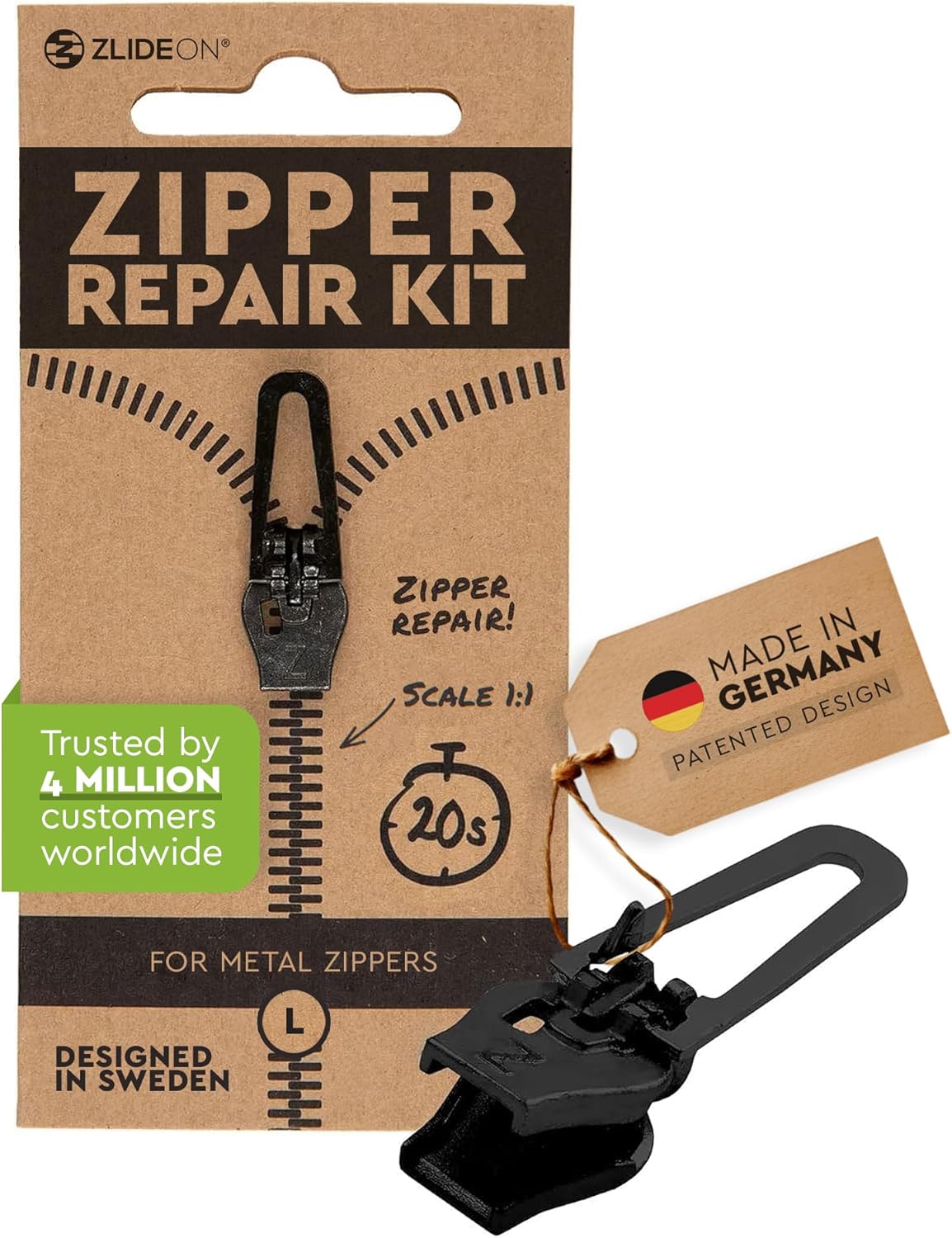 ZlideOn Zipper Pull Replacement - 1pcs, Black, Normal (L) - 5A - Instant Zipper Replacement Slider for Metal Zippers