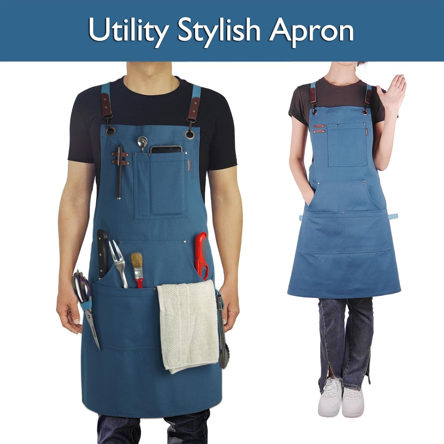 Kitchen Apron, Work Apron, Canvas, Multiple Pockets, Gardening, Painting, BBQ, Artist, Carpenter, Sizes M to XXL, Blue