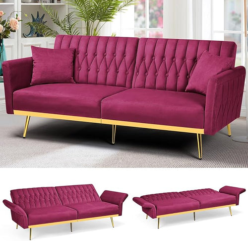 70” Velvet Futon Sofa Bed with 2 Pillows and Adjustable Armrests, Convertible by ACMEASE