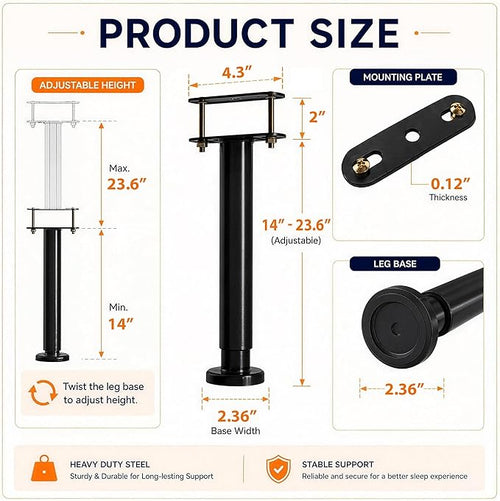 4Pcs Bed Frame Support Leg, Adjustable 14" to 23.6", Increase Under-Bed Storage - Image 2