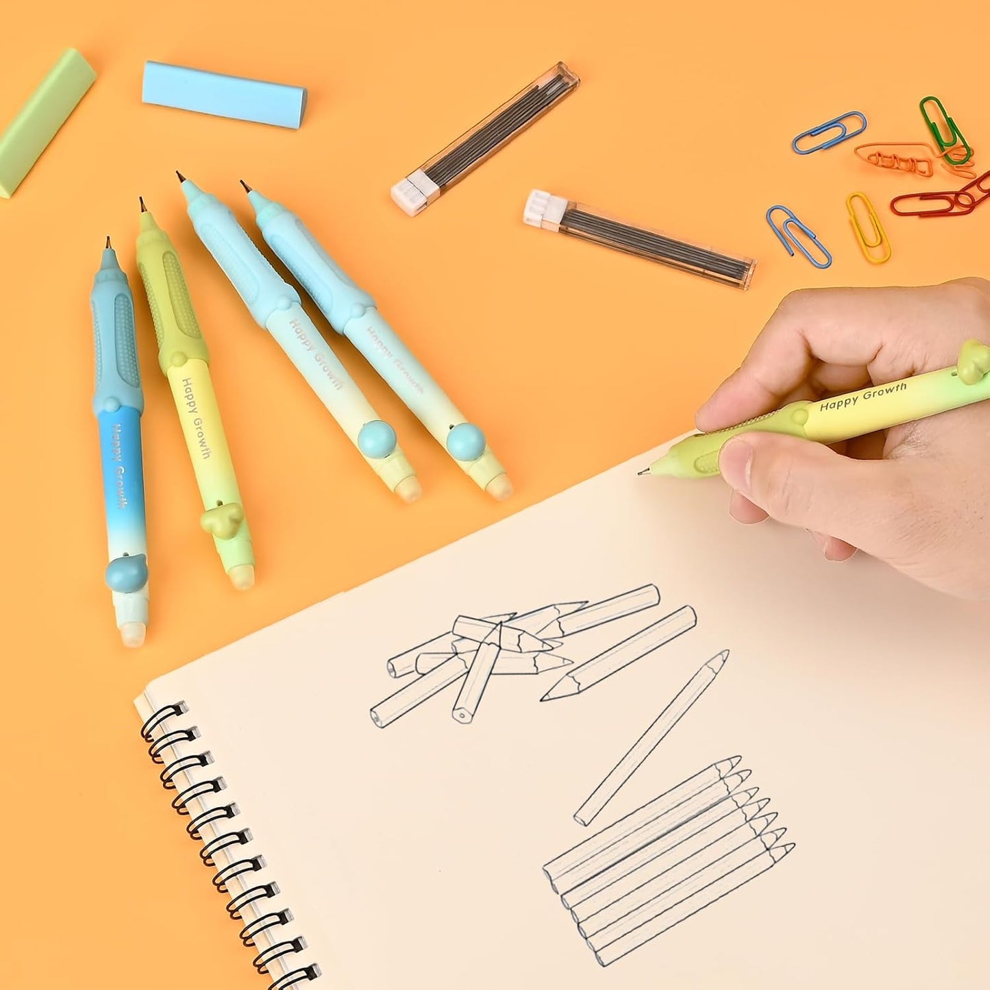 Temiary Cute Mechanical Pencil Set with Case, 6 Pcs Medium Point 0.9 mm Pencils with 2 Tubes HB Lead Refills, 4 Pcs Erasers for School Supplies Student Writing, Drafting Drawing Sketching (Morandi)