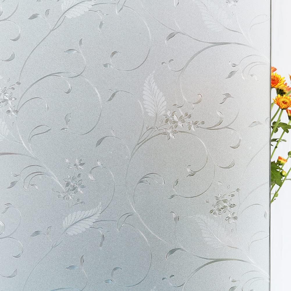Mikomer Privacy Window Film Etched Flowers Static Cling Glass Door Film, Non Adhesive Heat Control Anti UV Window Cling for Office and Home Decoration,35 inches by 78.7 inches