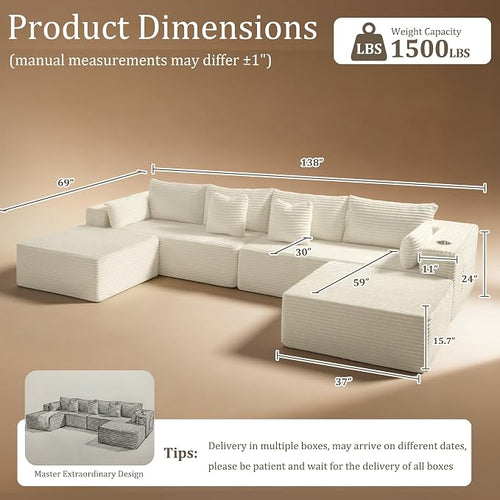 138" Cloud Sectional Couch, Comfort U Shaped Sofa - Image 2