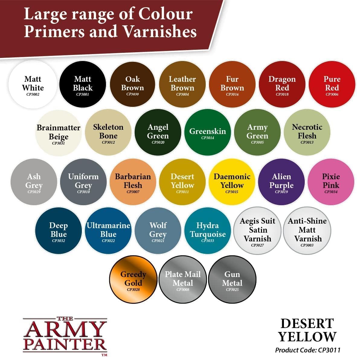 The Army Painter Color Primer, Desert Yellow, 400 ml, 13.5 oz - Acrylic Spray Undercoat for Miniature Painting