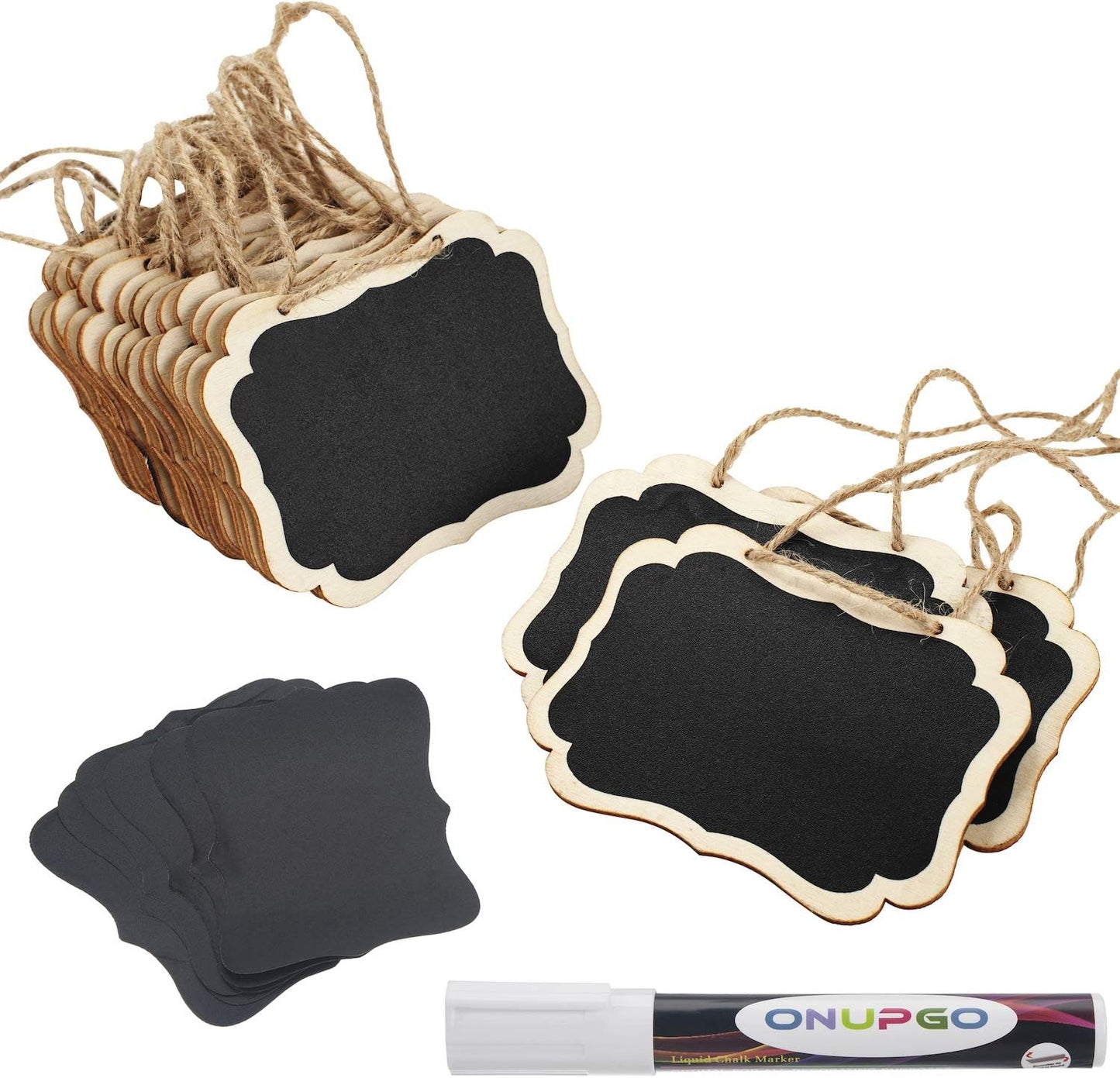 ONUPGO 16 Pack Chalkboard Tags with Liquid Chalk Marker, Double Sided Blackboard with Hanging String, Wooden Mini Erasable Chalkboard Signs, Hanging Chalkboard Labels, Price Tags, Message Tags