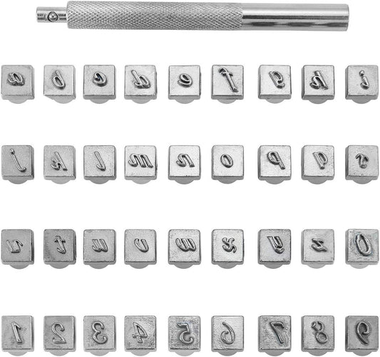 Yoption 37 Pieces Leathercarft Stamping Tool Set, 26 Letters Alphabet & 10 Numbers Stamps Steel Punch Tool 3mm+1 Stamping Handle for Leather Craft
