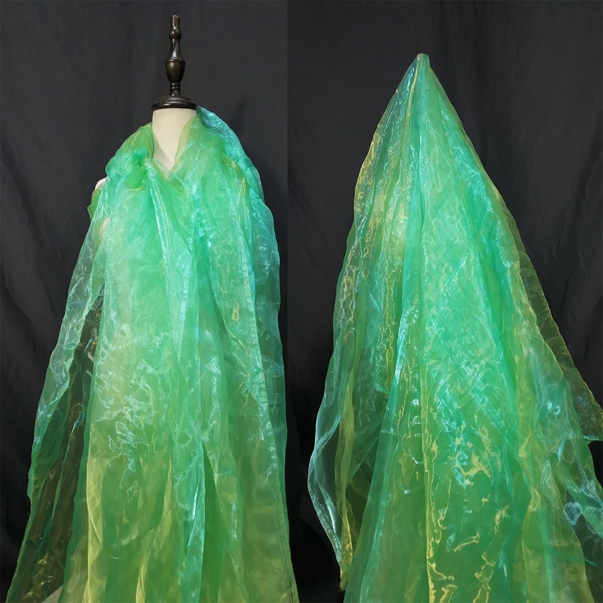 Two-Tone Iridescent Holographic Organza Fabric - 5.5 Yards by The Yard | Lightweight Sheer Tulle | for Wedding Dresses, Party Decor, DIY Crafts, Shiny Backdrops(Grass Green + hint of Yellow)