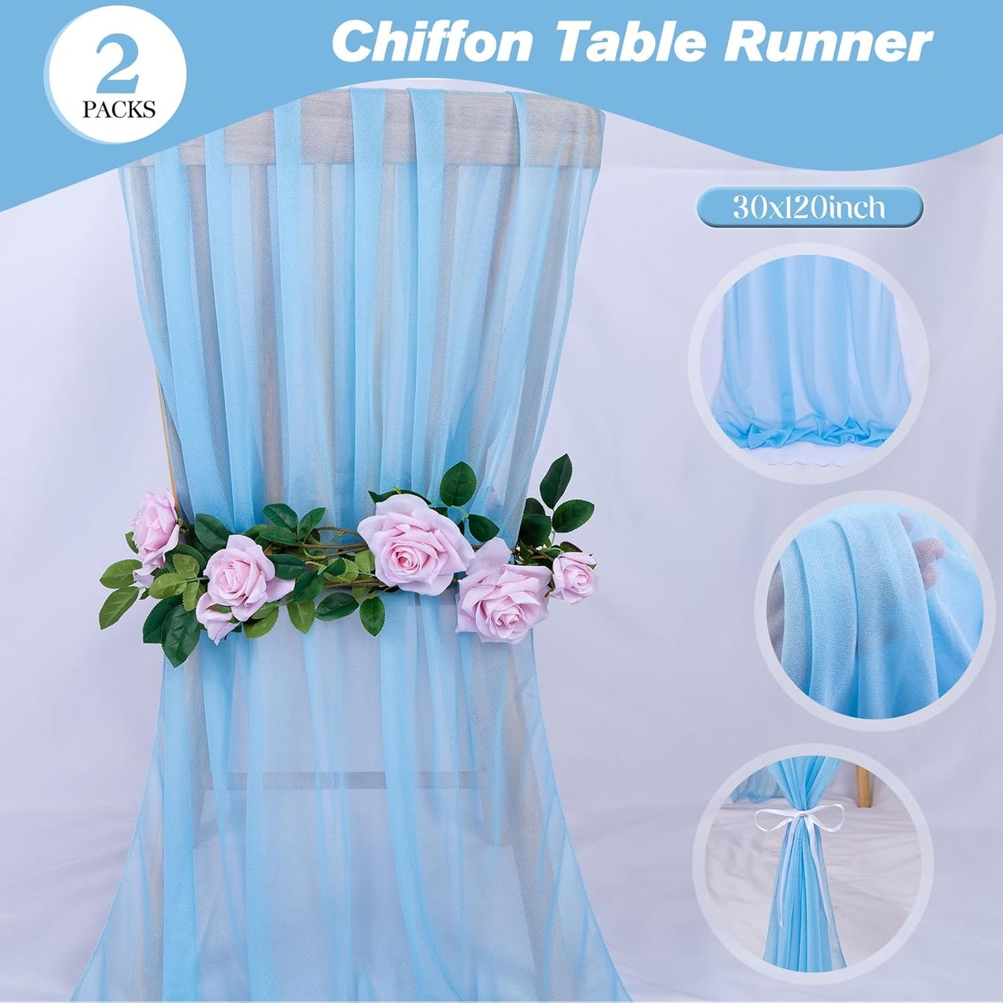 2 Packs 30 x 120 Inches Baby Blue Chiffon Table Runner 10ft Boho Gauze Table Runner for Wedding Decor, Rustic 120inch Long Table Runner for Wedding Bridal Baby Shower Party Decorations
