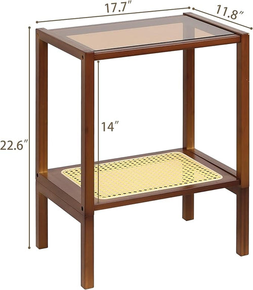2-Tier Bamboo Side Table, Modern Glasstop Rattan Side Table, Mid Century Wood - Image 2